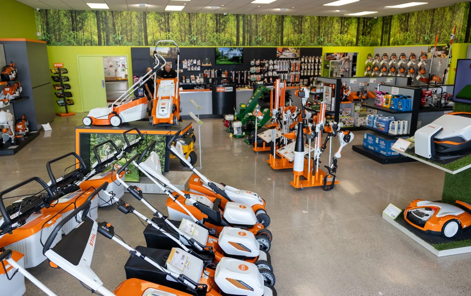 The STIHL SHOP Mt Maunganui showroom with lawnmowers and battery tools on display